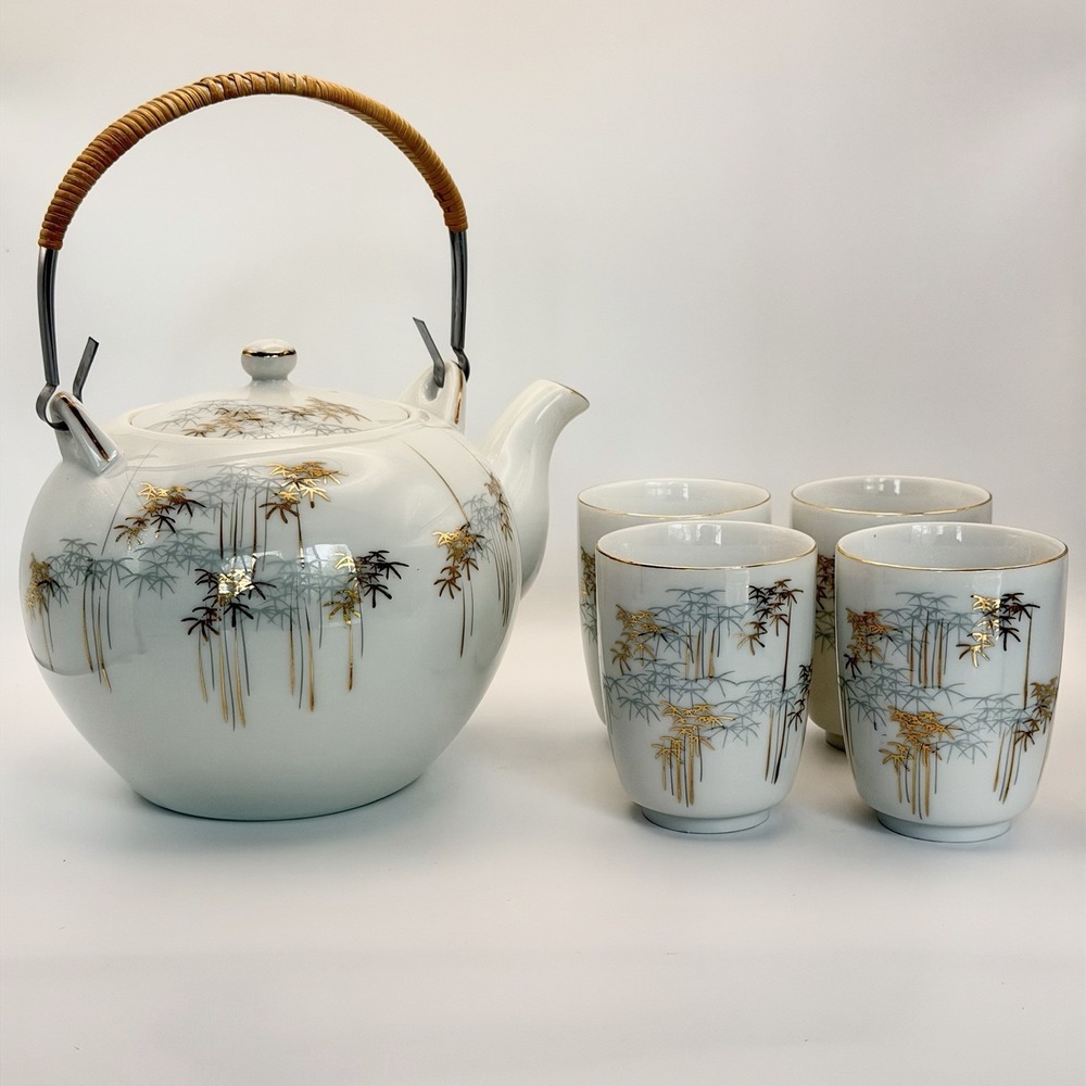 Vintage Japanese Porcelain Tea Set Bamboo Gold Gilt Teapot 4 Cups MCM Hand Paint